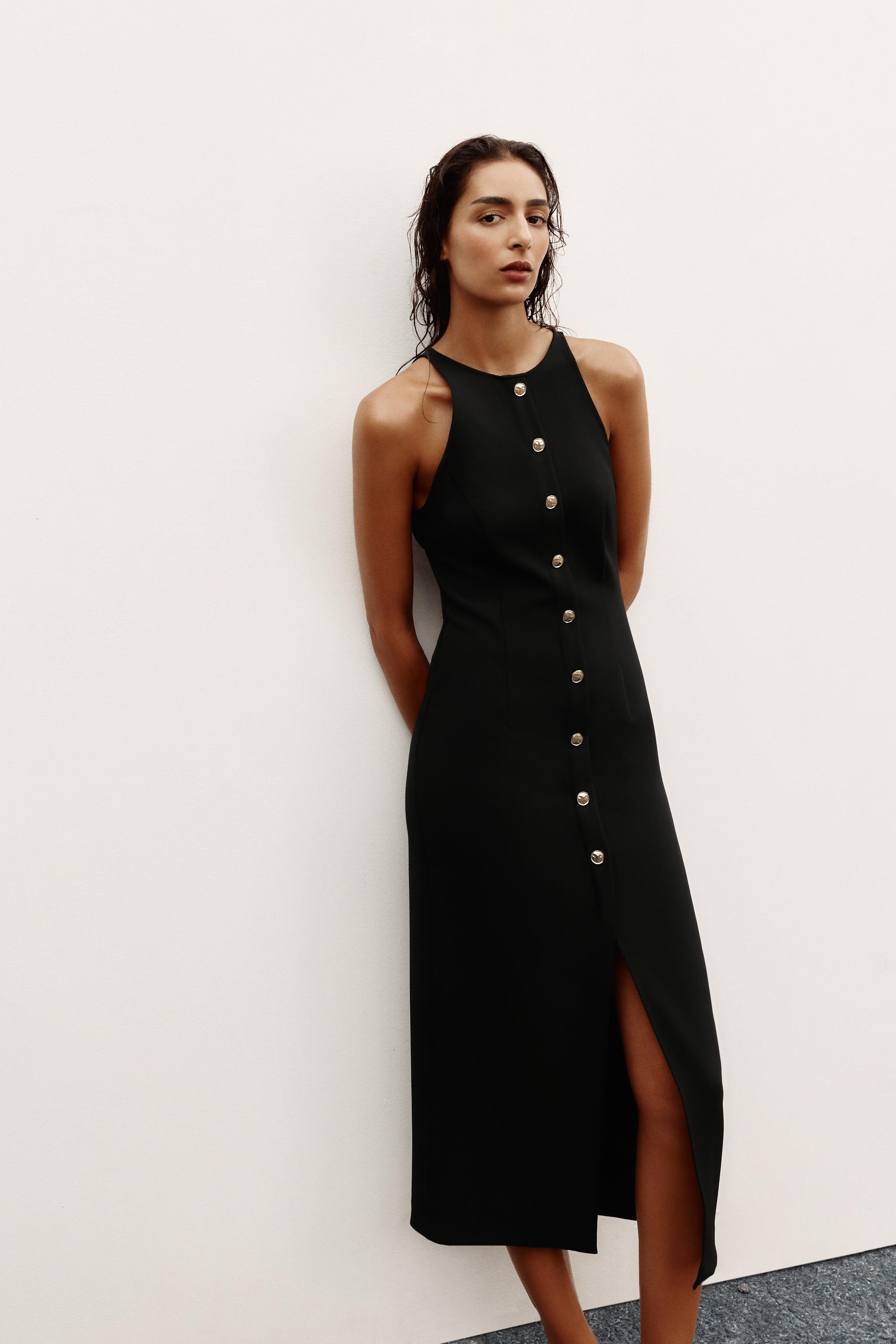 GOLD BUTTON CREPE MIDI DRESS | Zara US