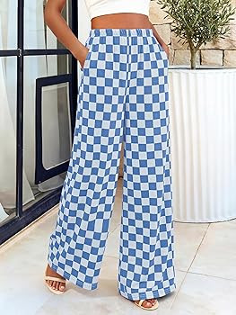 BTFBM Womens Gingham Palazzo Pants Casual Wide Leg High Waisted Lounge Pajama Trousers with Pocke... | Amazon (US)