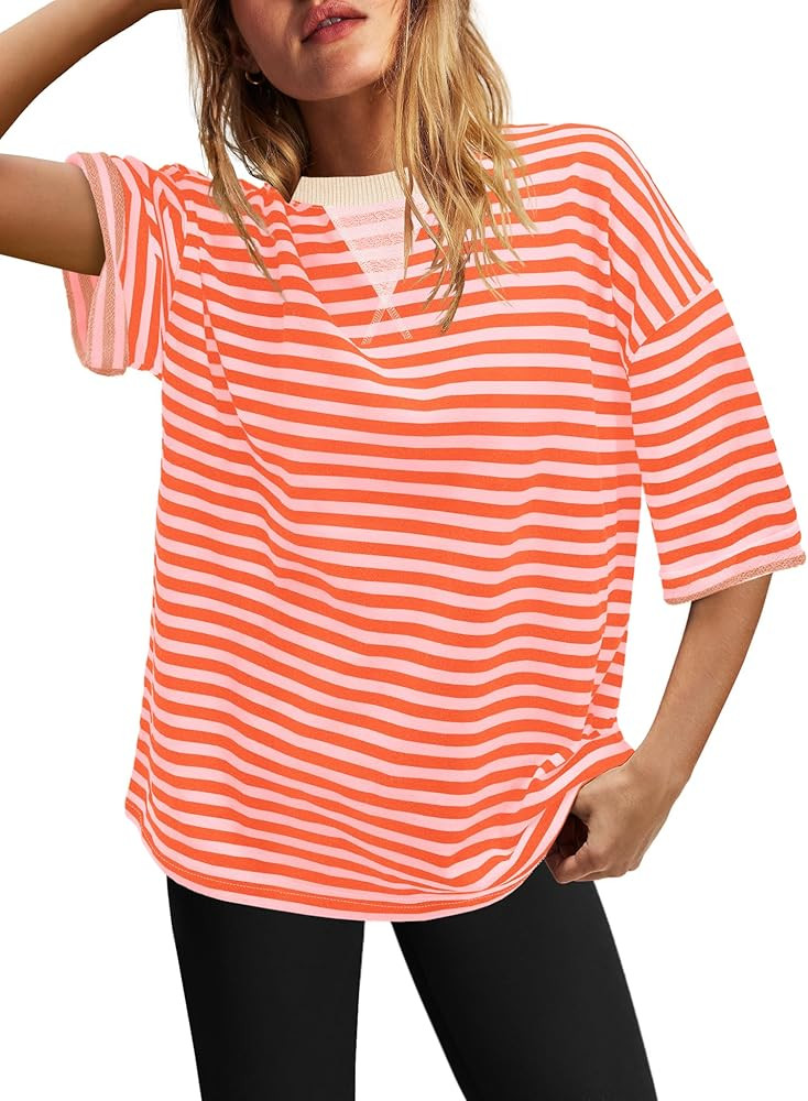 SENSERISE Womens Striped Short Sleeve Shirt Oversized Crewneck T Shirts Basic Tee Tops Loose Summ... | Amazon (US)