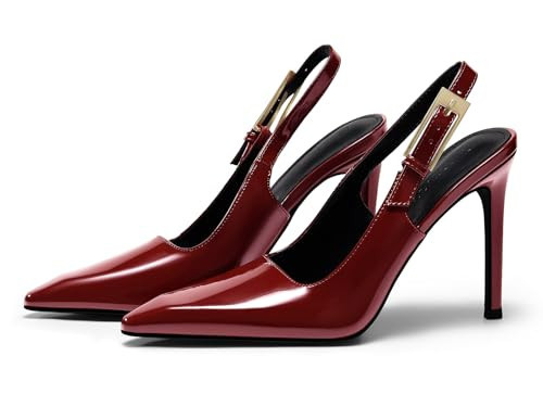 Coutgo Women's Slingback High Heels Pointed Toe Stilettos Metal Buckle Dress Party Pump Shoes, Burgundy, Size 8 | Amazon (US)