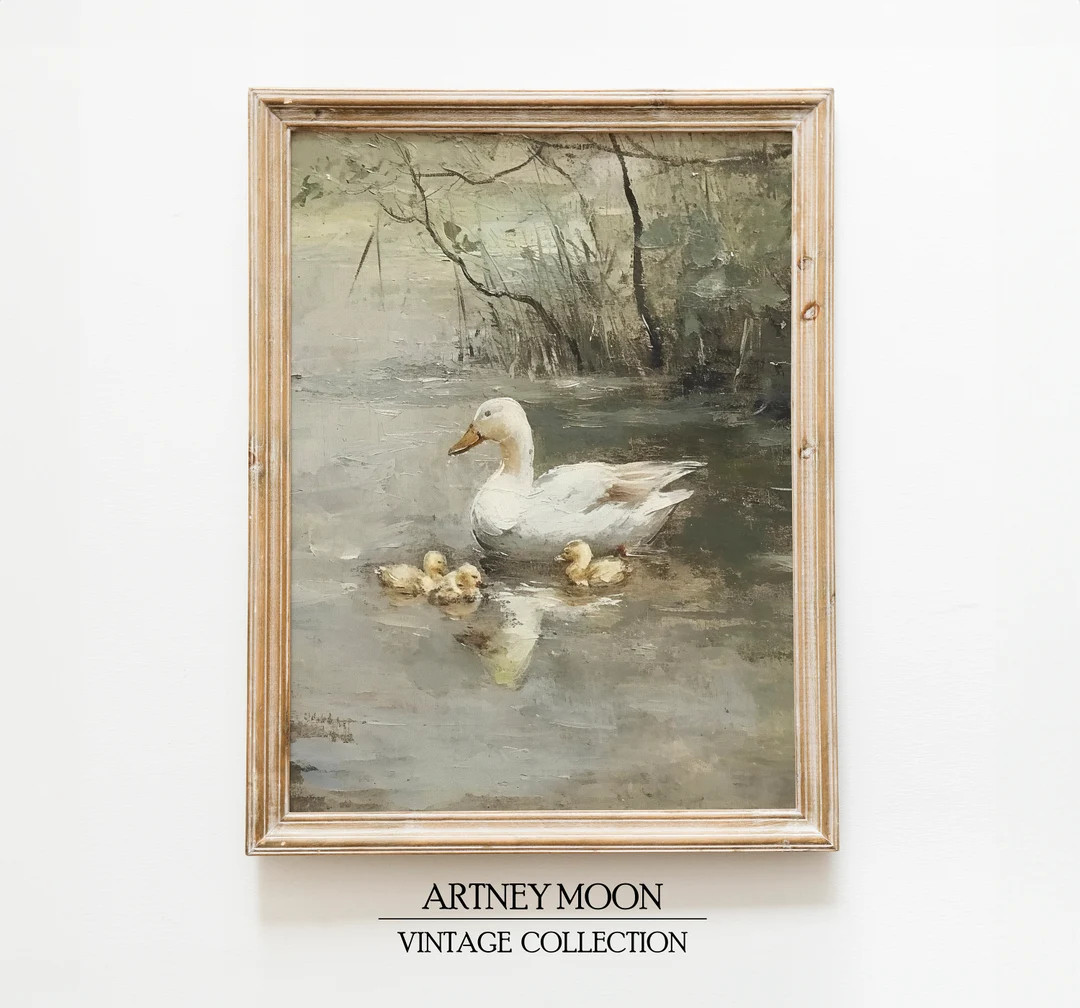 Vintage Spring Ducks Art Print Easter Rustic Wall Decor Neutral Beige Cottagecore Oil Painting St... | Etsy (US)