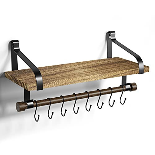 Love-KANKEI Floating Shelf Wall Shelf for Storage Rustic Wood Kitchen Spice Rack with Towel Bar and 8 Removable Hooks for Organize Cooking Utensils or Mugs Carbonized Black | Amazon (US)