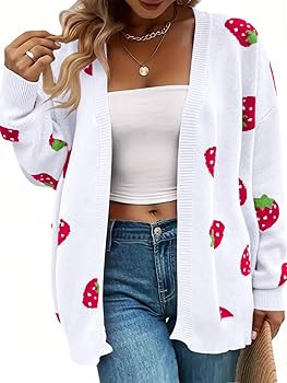 Women's Plus Size Strawberry Floral Print Long Sleeve Open Front Knit Cardigan Sweater | Amazon (US)