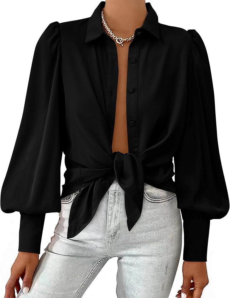 BTFBM Women Fashion Button Down Shirts Lapel V Neck Printed Solid Boho Long Sleeve Blouses Dressy... | Amazon (US)