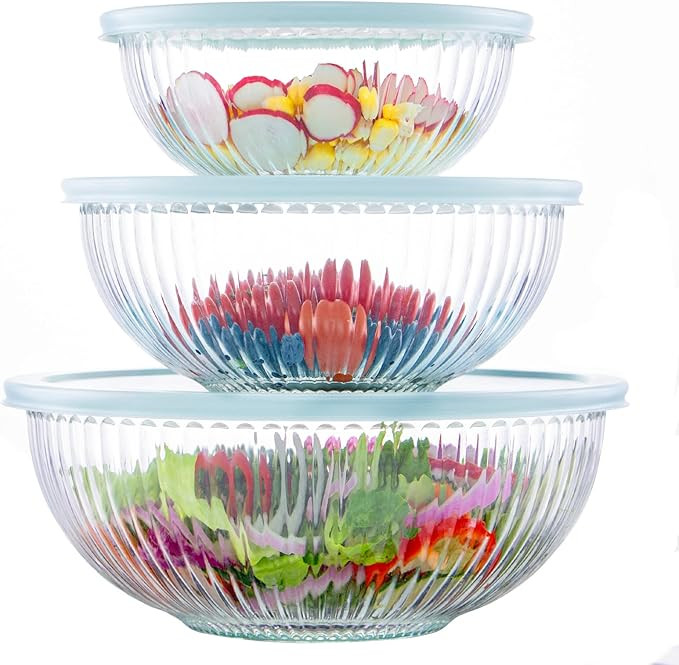 Luvan Glass Mixing Bowls with Lids Set(3.7QT, 2.1QT, 1.1QT),3PC Glass Nesting Bowl, Large Salad B... | Amazon (US)