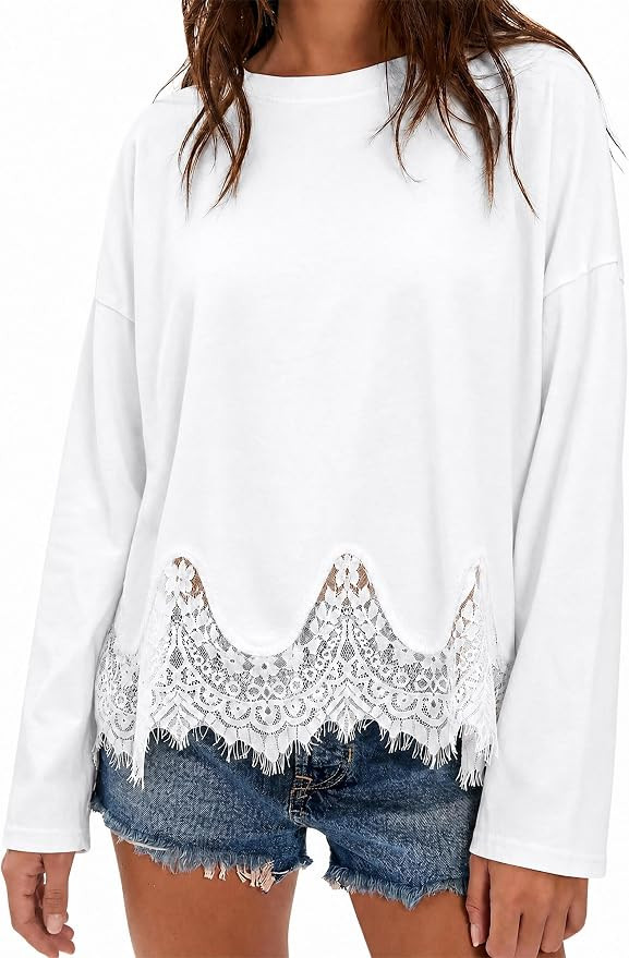 Tankaneo Womens Long Sleeve Lace Tops Oversized Crew Neck Casual T Shirts | Oversized Long Sleeve... | Amazon (US)