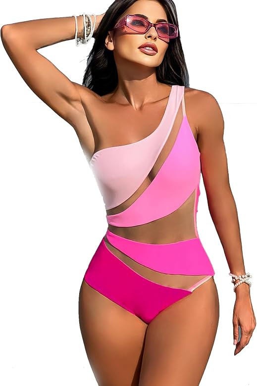 OYOANGLE Women's One Piece Swimsuit Color Block One Shoulder Bathing Suit Sheer Slimming Swimwear | Amazon (US)