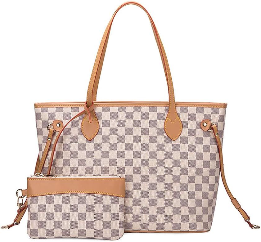 Designer Leather Checkered Tote Bags Set for women, Fashion PU Tote Handbags Purse, Top Handle Sh... | Amazon (US)