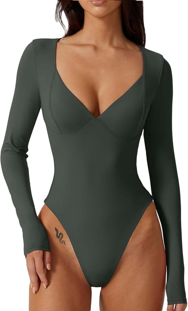 QINSEN Women's Long Sleeve Bodysuit V Neck Body Suits Seamed Cup Going Out Tops Shirt | Amazon (US)