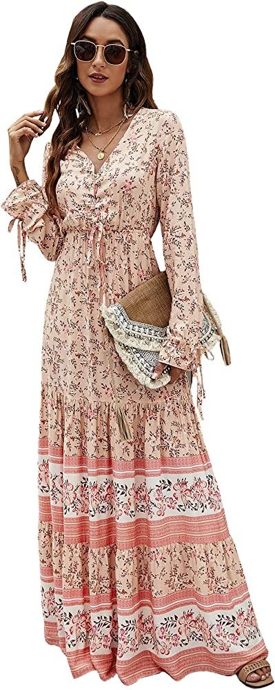 Floerns Women's Floral Print Boho V Neck Long Sleeve Flowy Maxi Dress | Amazon (US)