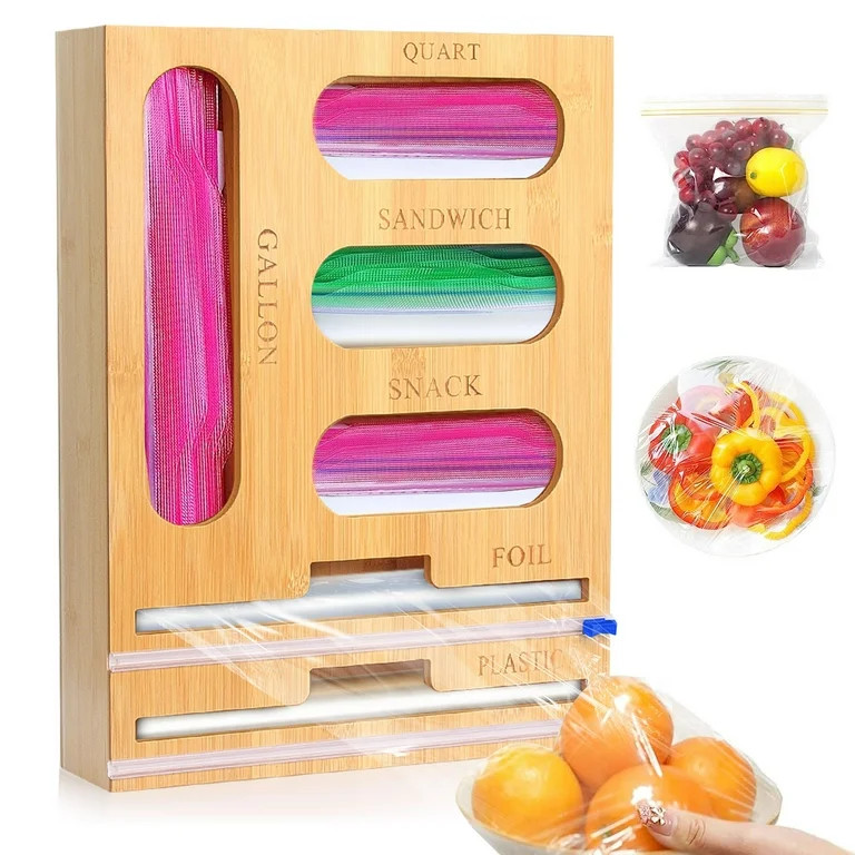 Kalrin Bamboo Ziplock Bag Storage Organizer for Kitchen Drawer, 6 in 1 Foil and Plastic Wrap Orga... | Walmart (US)