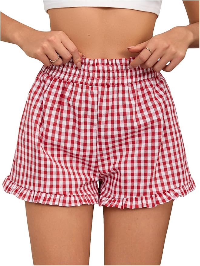 SweatyRocks Women's Summer Elastic Waist Wide Leg Ruffle Gingham Plaid Boxer Shorts | Amazon (US)