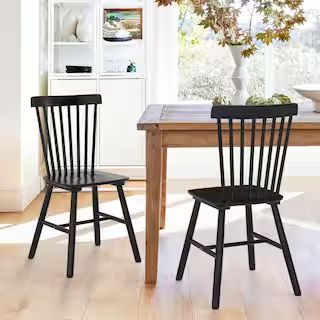 LUE BONA Windsor Classic Black Solid Wood Dining Chairs with Curving Spindle Back for Kitchen and... | The Home Depot