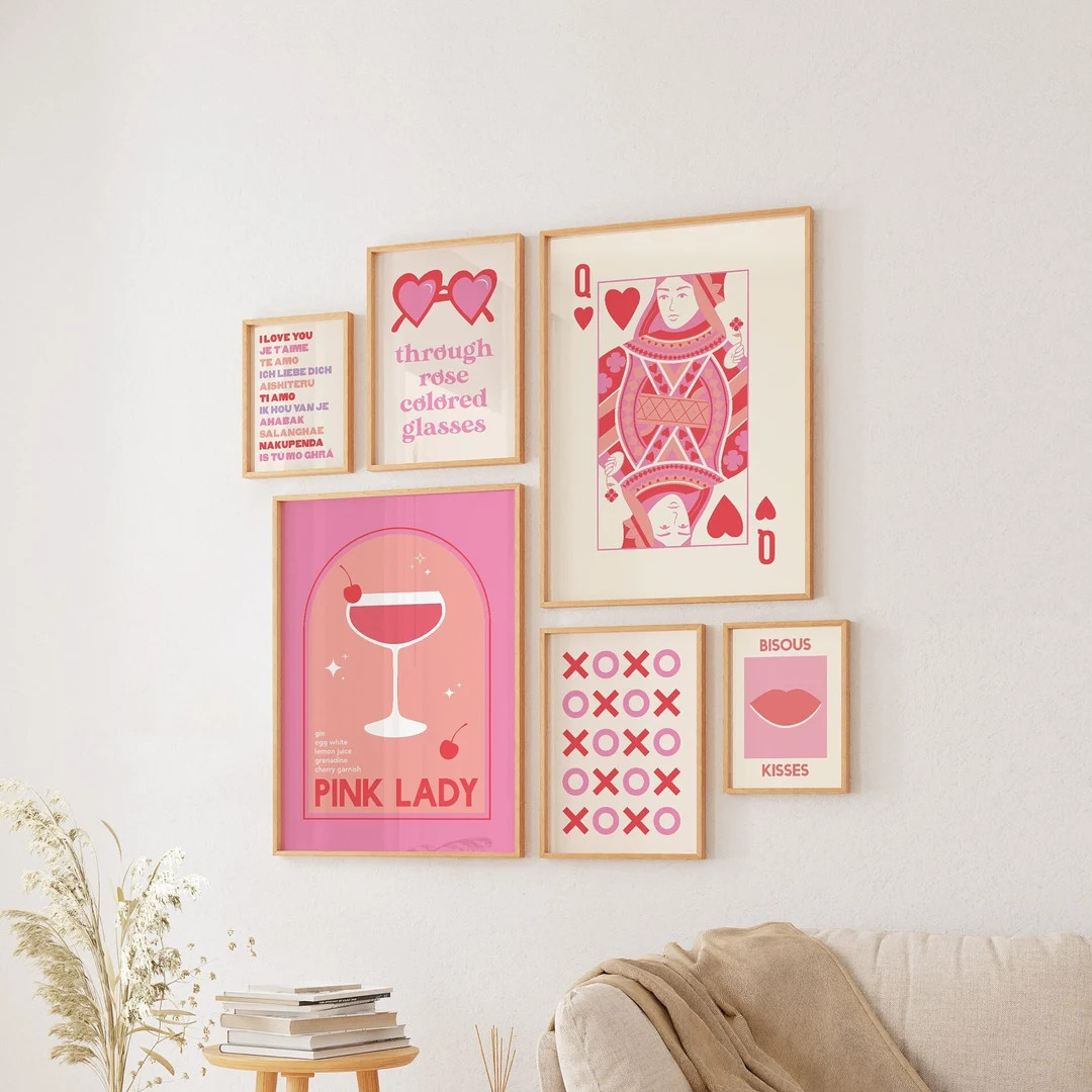 Set of 6 Valentine's Day Gallery Wall | Digital Art Download | Cute Pink Red Prints | Retro Wall ... | Etsy (US)