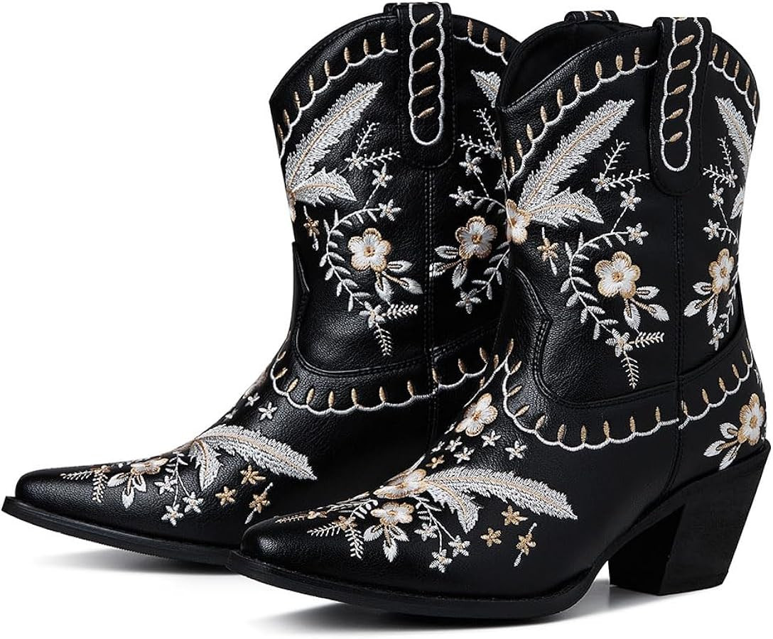 Uacllcau Cowboy Boots for Women Embroidered Floral Cowgirl Boots Low Chunky Heel Western Boots We... | Amazon (US)