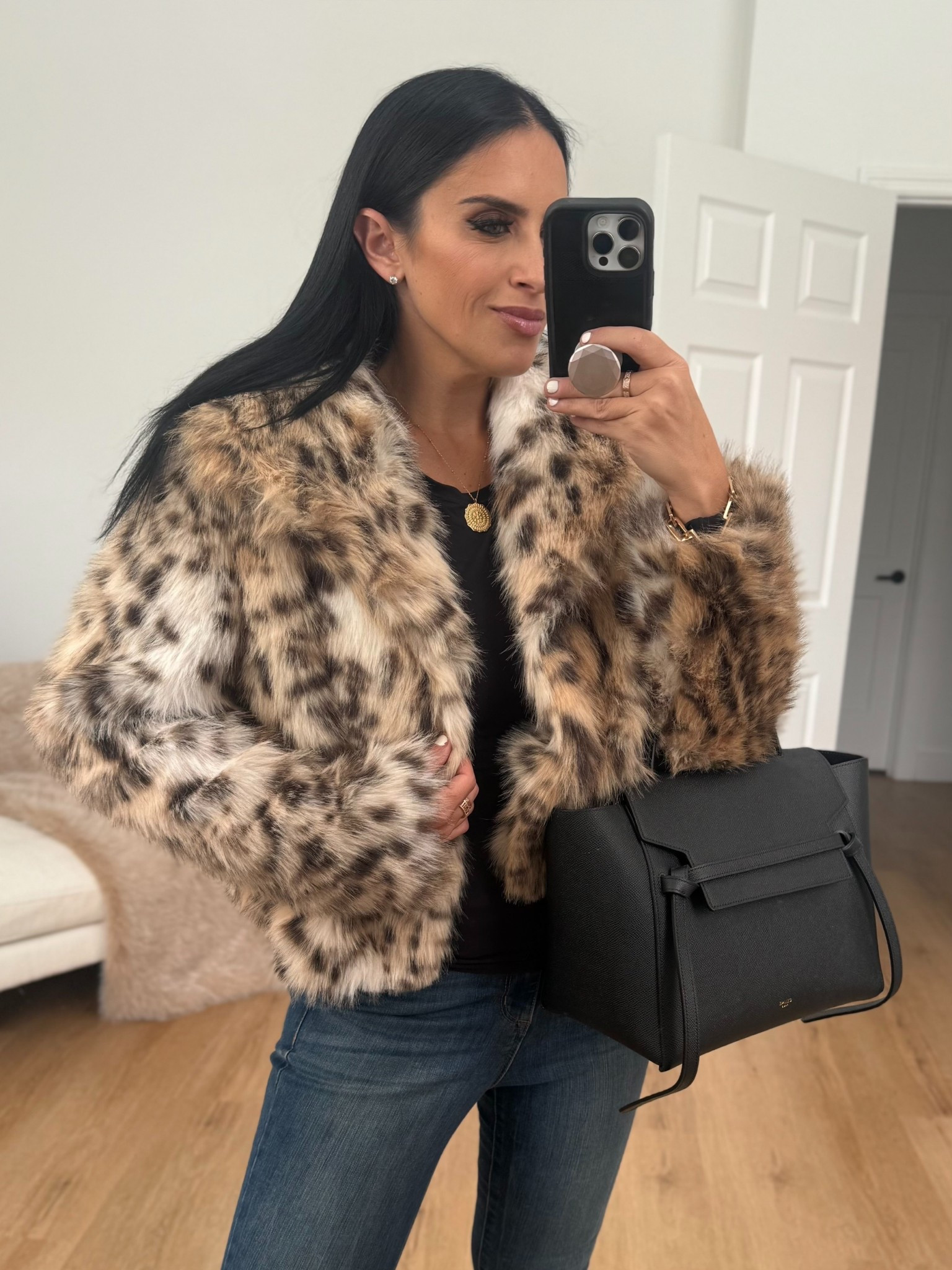 Jessica Simpson Women's Round Collar Faux Fur Jacket wearing size small. Madden NYC Women's Tall Foldover Boots
