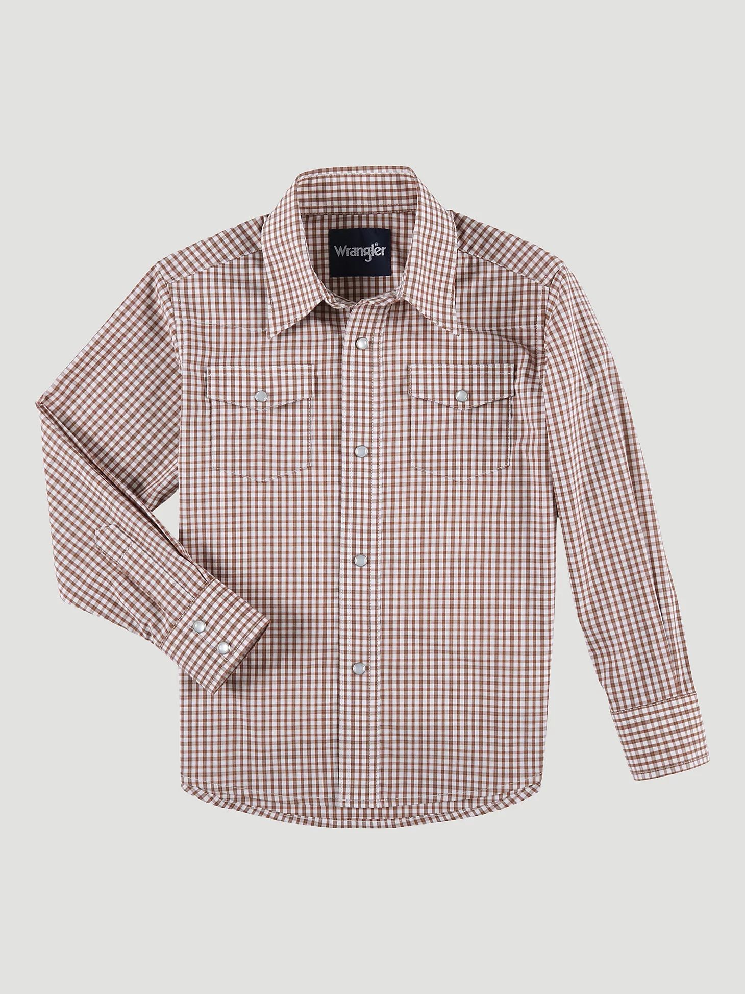 Boy's Long Sleeve Wrinkle Resist Western Snap Plaid Shirt in Warm Brown | Wrangler