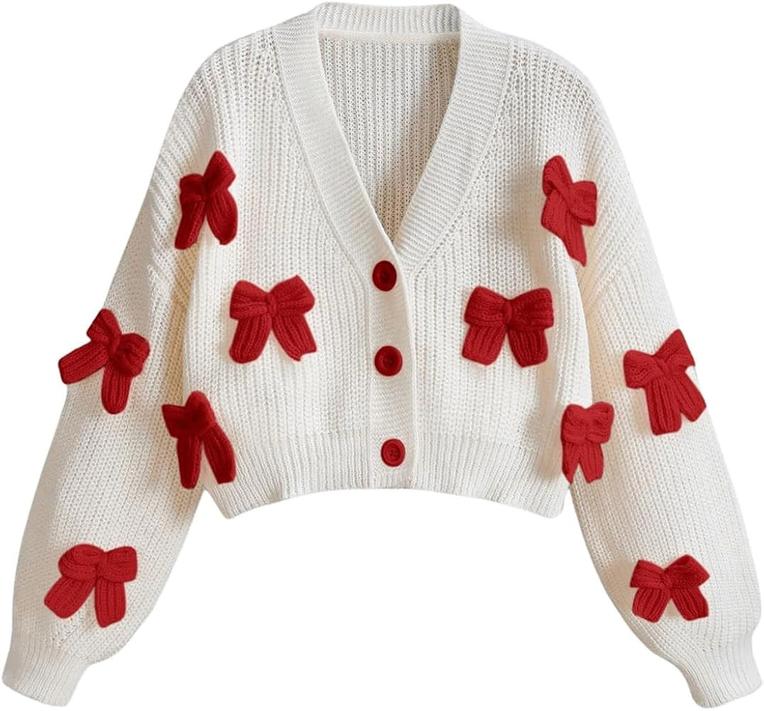 GORGLITTER Women's Cute Bow Cardigan Sweater Long Sleeve V Neck Button Down Pullover Top | Amazon (US)