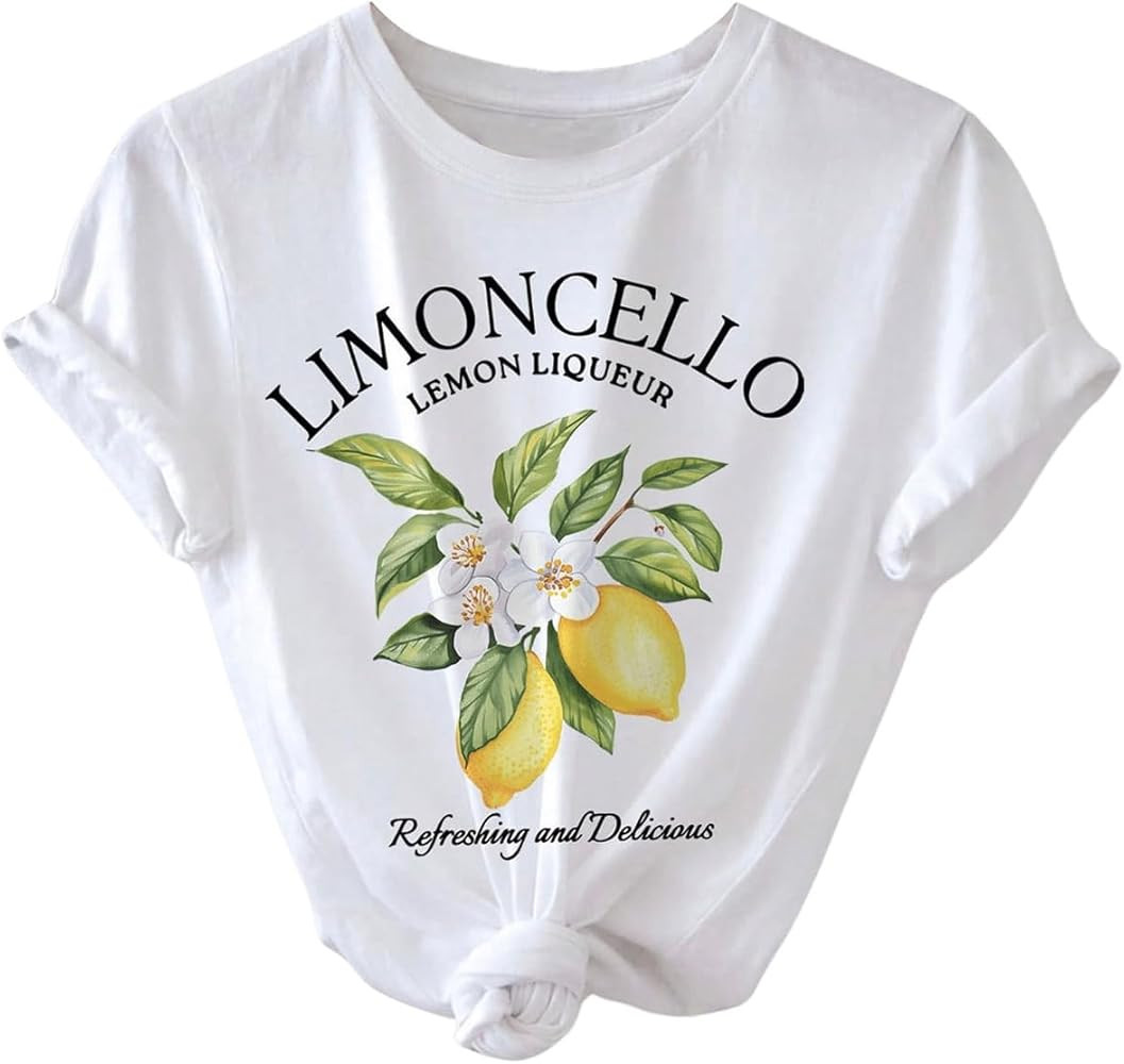 SweatyRocks Women's Letter Fruit Printed Lemon Graphic Tees Short Sleeve Casual T-shirt | Amazon (US)