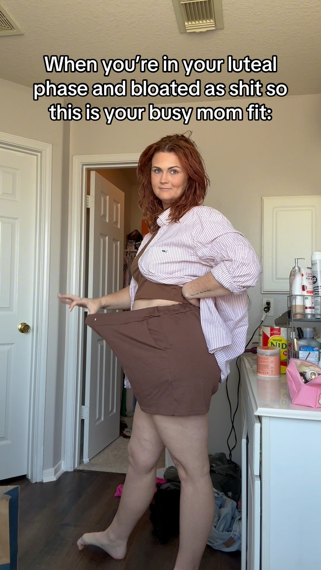 You know those days that you’re so bloated you can feel stretch marks forming 🫠

Set that I’ve had for like 5 years, my husbands button down, and probably NBs for the win. 

#LTKMidsize