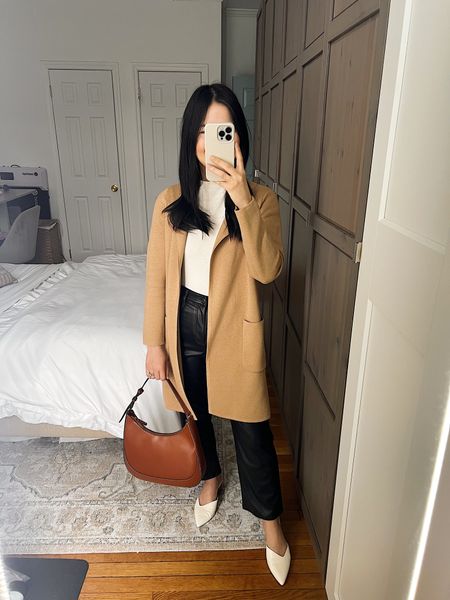Camel sweater blazer (XXS)
J.Crew Juliette sweater blazer
White mock neck sweater
Black faux leather pants (27P)
Brown bag
White pumps (1/2 size up)
Neutral outfit
Work outfit
Smart casual outfit
Business casual outfit

#LTKworkwear #LTKfindsunder100 #LTKSeasonal