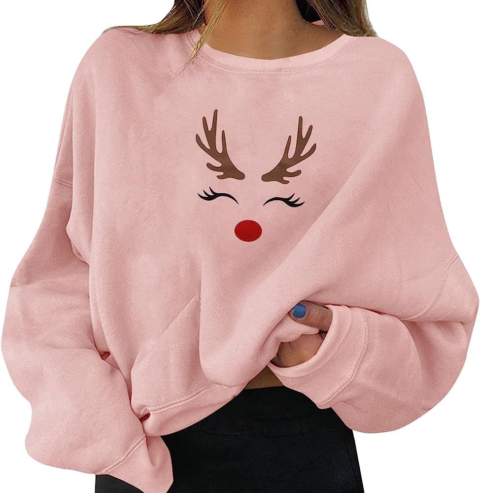 Sweatshirts Christmas Women's Holiday Party Pullovers Fun Graphic Print Crew Neck Long Sleeve Swe... | Amazon (US)