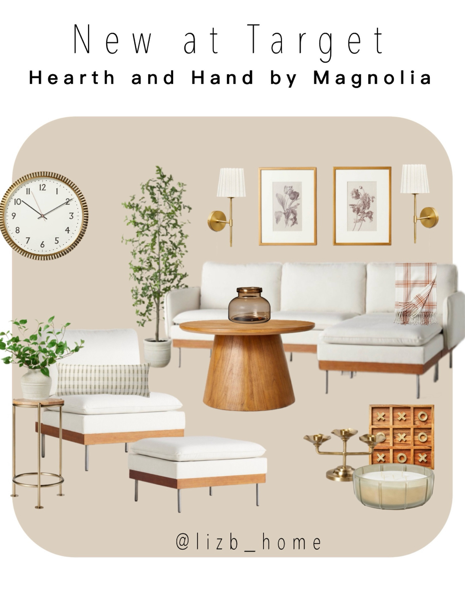 Hearth and Hand by Magnolia new spring collection. Living room inspo. Neutral home decor. White couch. White accent chair with ottoman. Tic tac toe board for coffee table. Faux tree. Gold clock. Spring throw blanket. Wall sconces gold. Wall art. Plant stand. Amber vase. Spring candle.

#LTKhome #LTKstyletip #LTKSeasonal