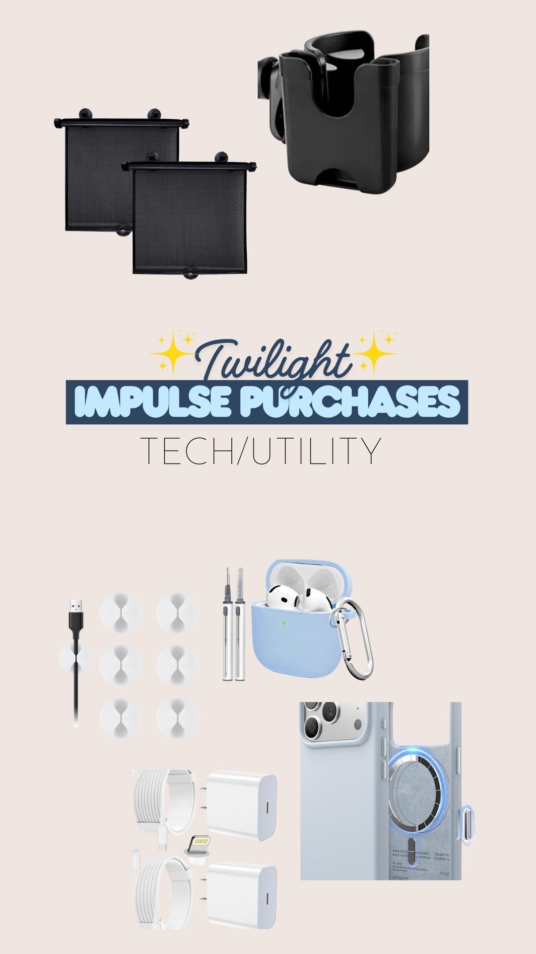 Twilight impulse purchases: tech/utility edition. I ordered a new phone and AirPods this week so I needed some new cases, you can never have too many chargers around the house, we needed a sun shade for the car, and a second cup holder for the stroller (one for dad)! 

#LTKdayinmylife #LTKBaby #LTKmomlife