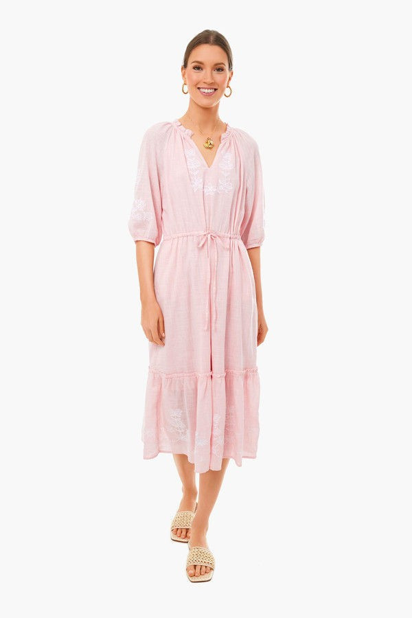 Pink Embroidered Floral Tie Waist Midi Dress | Tuckernuck (US)