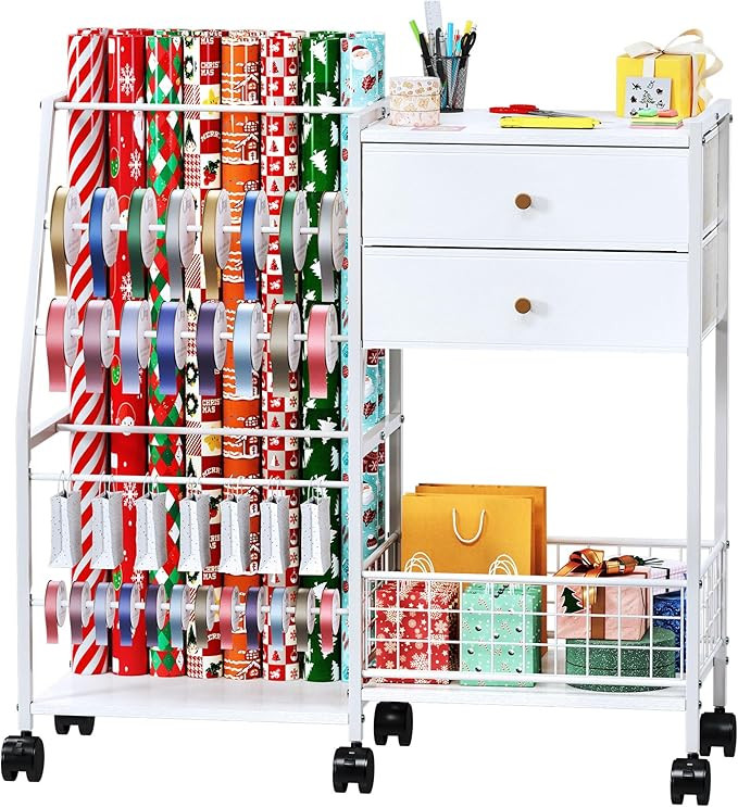 TC-HOMENY Wrapping Paper Organizer Storage Cart,Ribbon Organizer and Gift Wrap Rack with 2 Large ... | Amazon (US)
