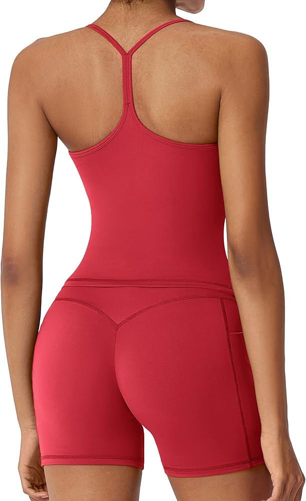 RXRXCOCO Women 2 Piece Workout Sets Y Back Padded Tank Tops Booty Biker Shorts with Pockets Gym O... | Amazon (US)