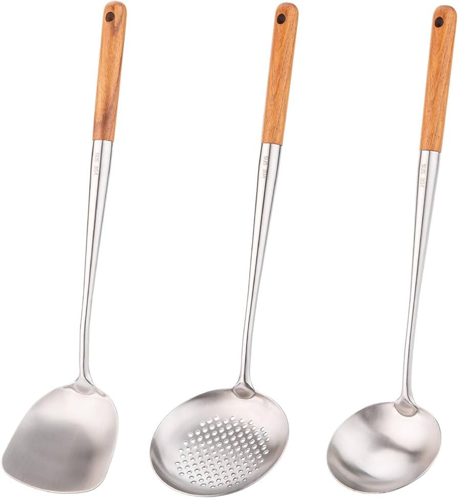 Wok spatula and ladle,Skimmer Ladle Tool Set, 17inches spatula for wok, 304 Stainless Steel wok s... | Amazon (US)