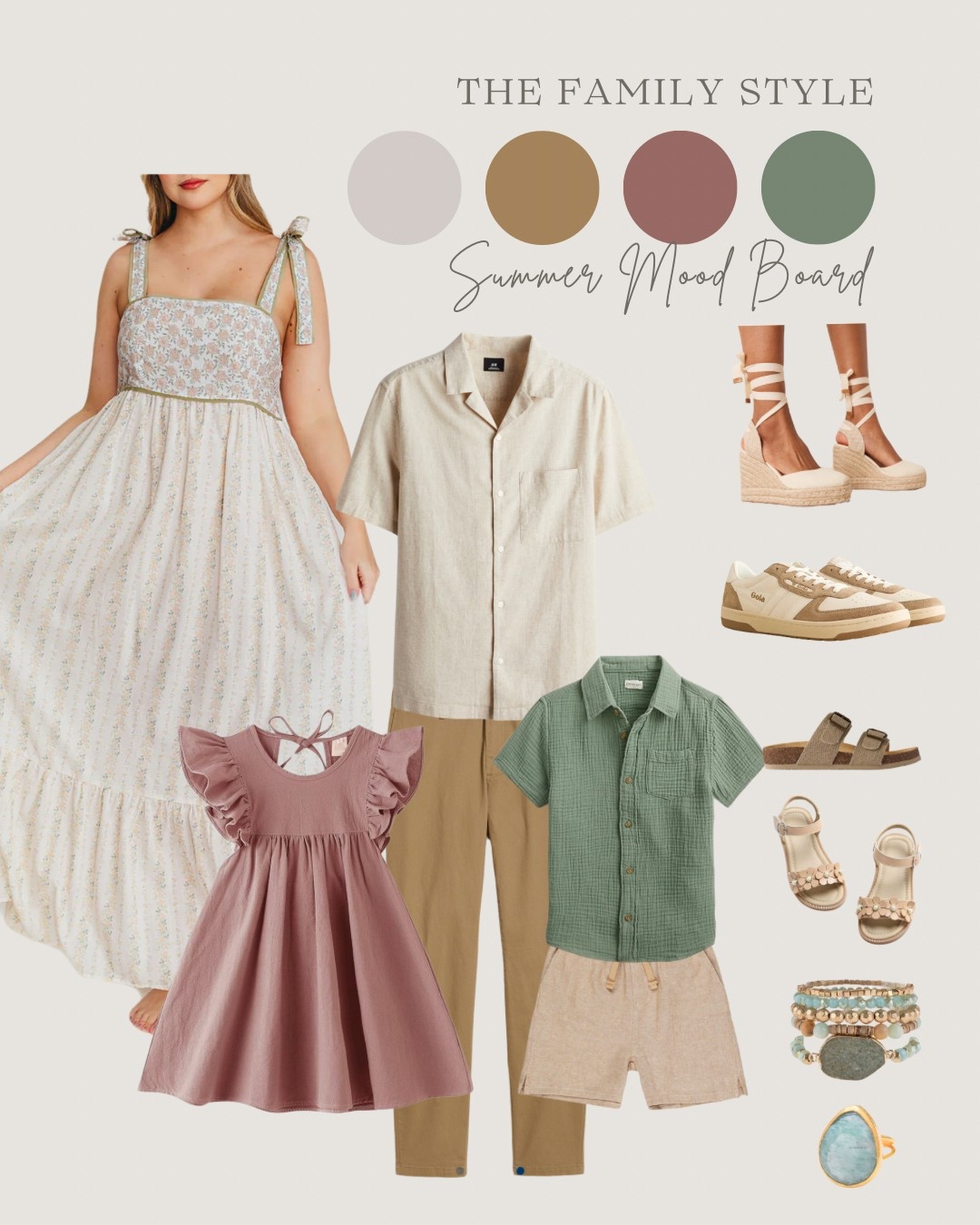 Loving that dress for mom!! Always start with mom’s dress then use colors from her dress to style the rest of the family. Use textured pieces and don’t be afraid to add in a 2nd or even a 3rd pattern. And always make sure to have coordinating shoes! 