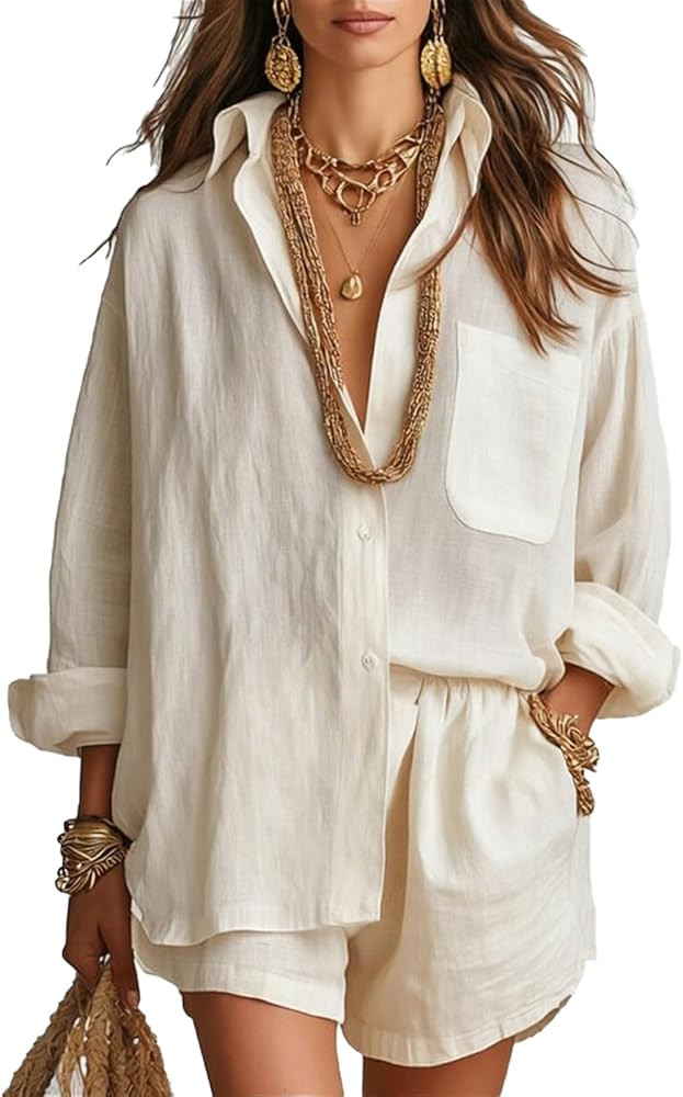 Women\u2019s Casual Chic 2 Piece Set-Adjustable 3/4 Sleeve Button Down Shirt-Shorts With Pockets ... | Amazon (US)