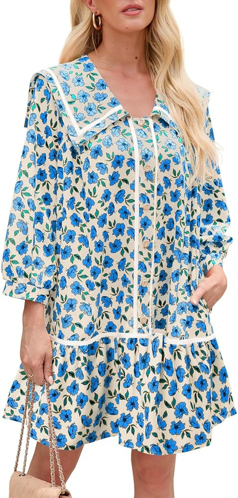 Wenrine Womens Casual Shirt Dresses 3/4 Long Sleeve Floral Button Down Flowy Babydoll Fall Mini D... | Amazon (US)