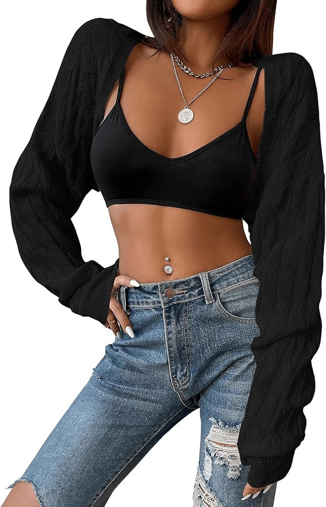 SweatyRocks Women's Long Sleeve Open Front Knit Crop Cardigan Sweater | Amazon (US)