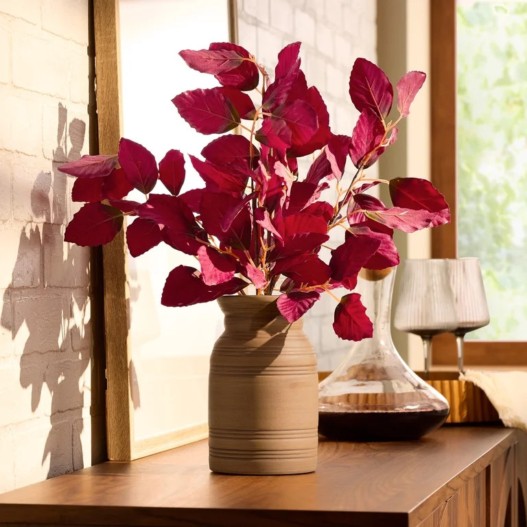 Better Homes and Gardens 19.5"H Artificial Real Touch Burgundy Leaves in 7.38"H Brown Ceramic Vas... | Walmart (US)