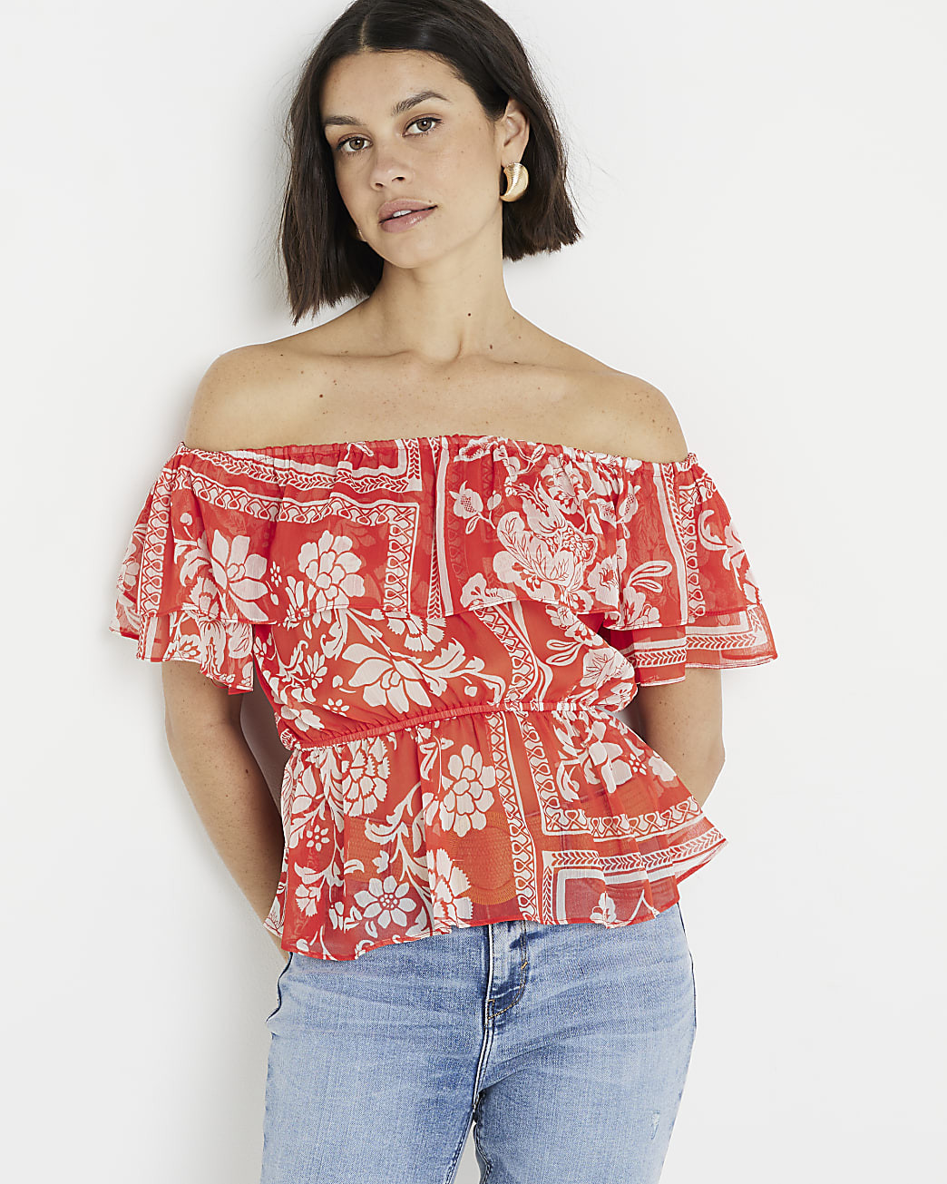 Red floral frill bardot top | River Island UK & IE