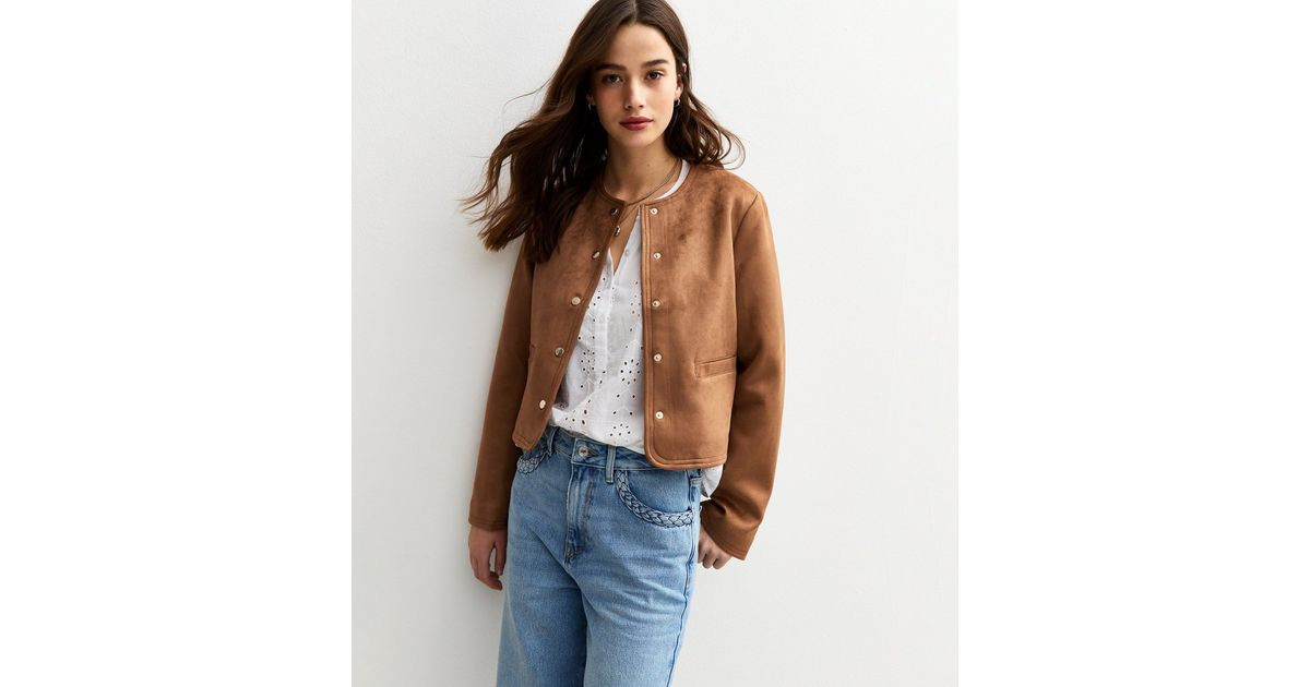 Tan Faux Suede Collarless Jacket | New Look | New Look (UK)