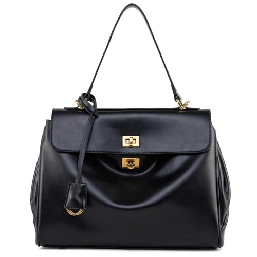 NGGU Black Leather Tote Bag for Women,Soft Leather Shoulder Handbags for Ladies,Satchel Purse for Travel Work & Medium & Black Leather & Gold Clasp | Amazon (US)