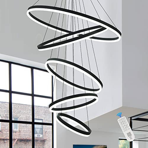 XGZL · LIGHTING 5-Rings Modern LED Chandelier Black Dimmable High Ceiling Chandelier for Dining Room with Remote Control for Foyer Living Room Entryway Staircase(D31.5’’, 3000K-6500K) | Amazon (US)