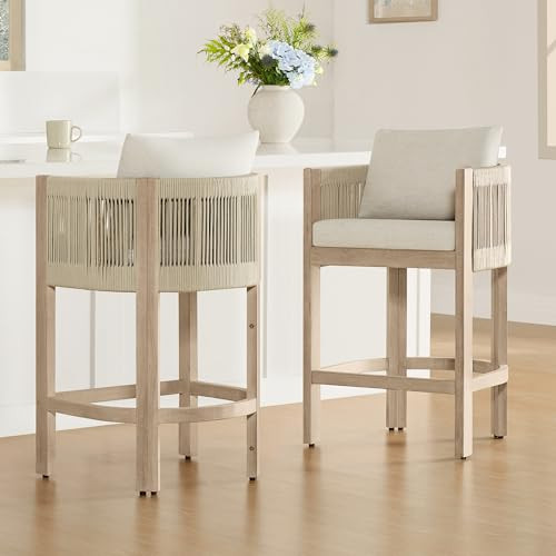 CHITA Cord Braid Counter Height Barstools Set of 2, Modern Outdoor Bar Stool, Fabric Upholstered Woven Rope Counter Stools for Kitchen Island Home Bar, 27" Seat Height, Cream | Amazon (US)