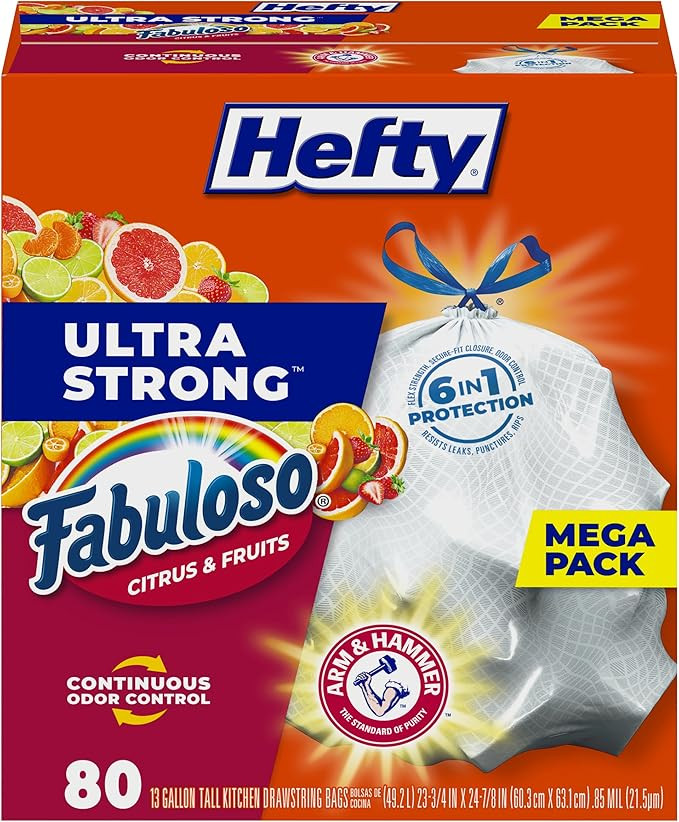 Hefty Ultra Strong 13 Gallon Trash Bags, Tall Kitchen Trash Bags 13 Gallon Size, White, Fabuloso ... | Amazon (US)