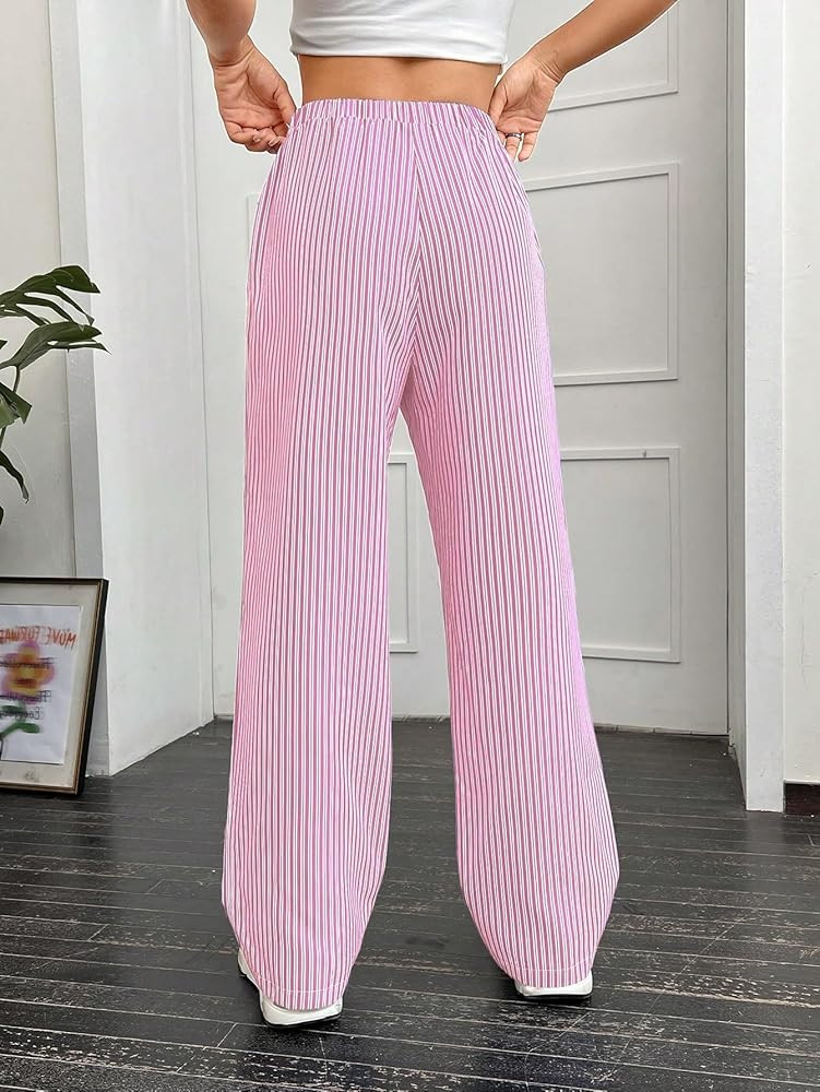 OYOANGLE Women's Straight Wide Leg Trousers Striped Print Letter Patched Detail High Waist Y2K Fa... | Amazon (US)