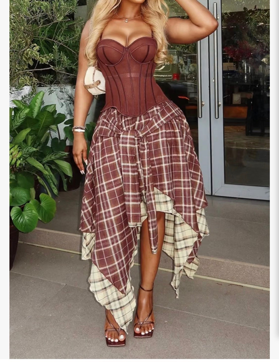 Women's Asymmetrical Plaid Long Skirt High Waisted Gingham Layered High Low Tie Front Ruffle Pleated A Line Skirt