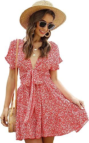 SheIn Women's Deep V-Neck Short Sleeve Tie Front Floral Print Ruffle Hem Dress | Amazon (US)