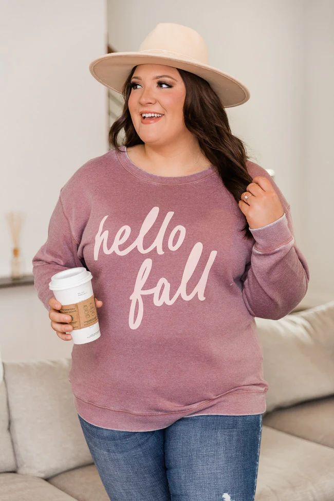 Hello Fall Script Shady Mauve Graphic Sweatshirt | The Pink Lily Boutique