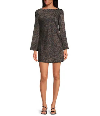 Gianni Bini Dionne Satin Leopard Print Long Sleeve Open Back Mini Dress | Dillard's | Dillard's