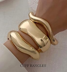 Chunky Gold Bangle Bracelets for Women, 14k Gold Plated Dainty Cuff Stackable Bangles Set, Trendy... | Amazon (US)