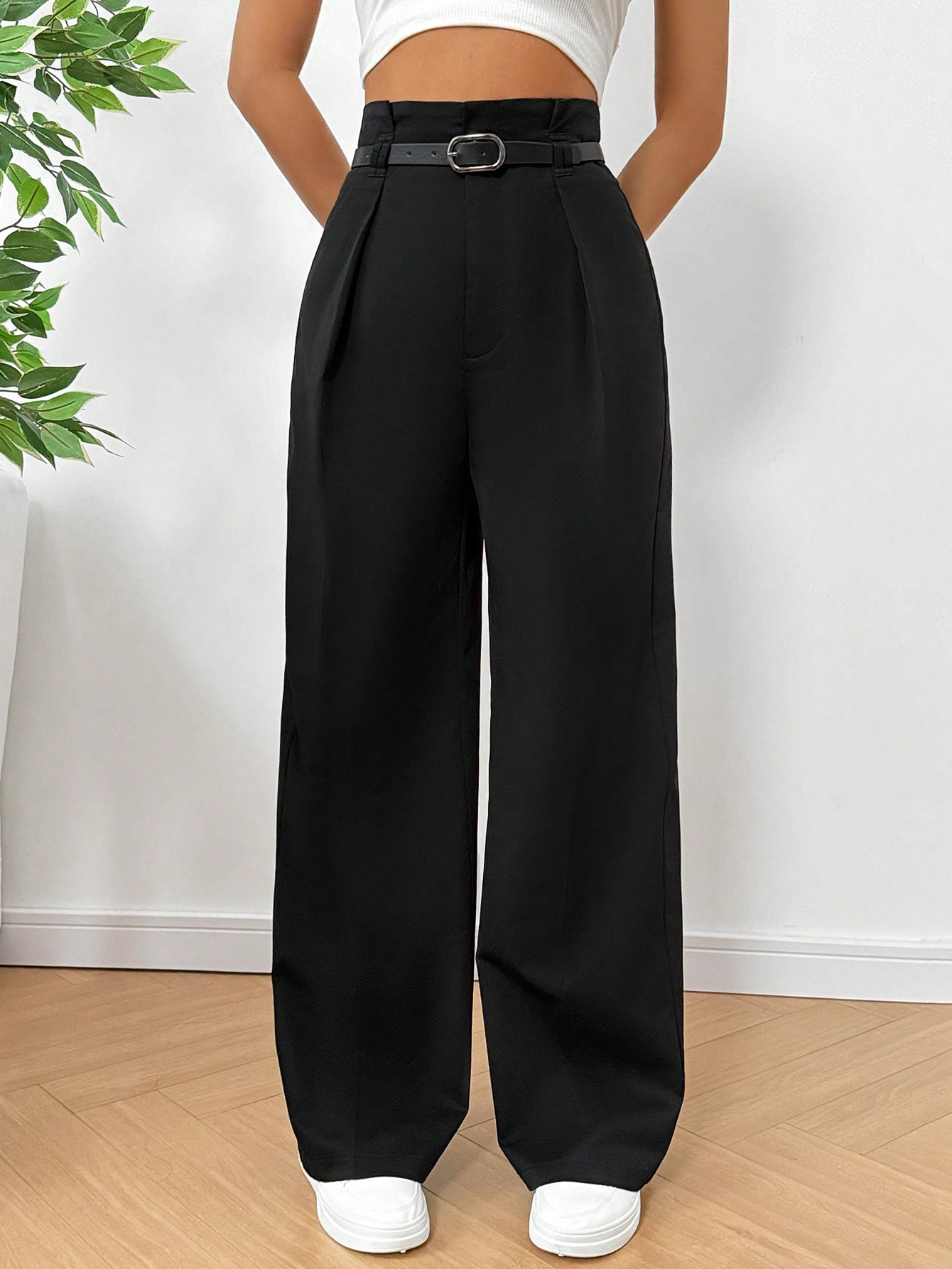 SHEIN EZwear Women's Black Pleated Wide Leg Pants | SHEIN USA | SHEIN